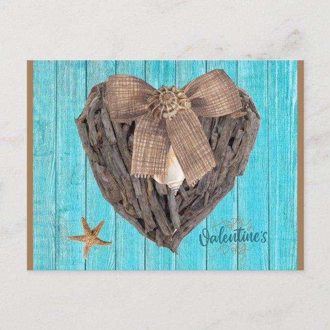 Coastal Beach Theme Driftwood Heart Valentines Day Postcard (Front)