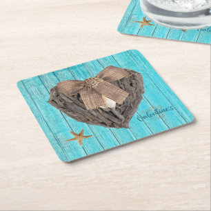 Coastal Beach Theme Driftwood Heart Valentines Day Square Paper Coaster