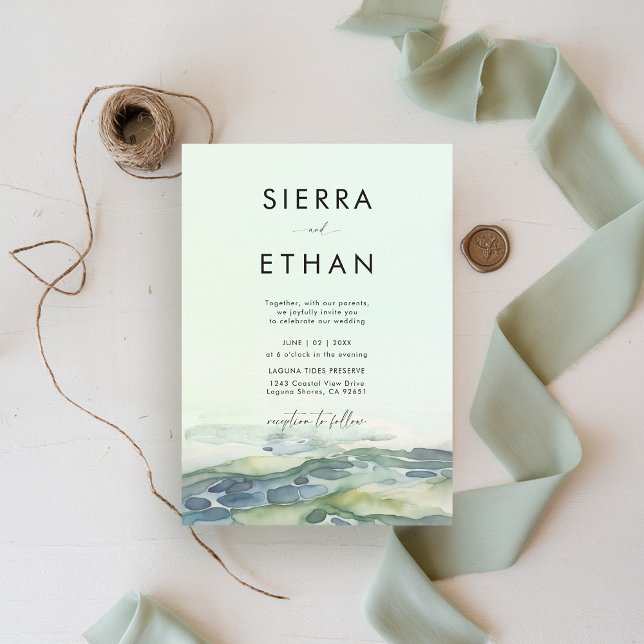 Coastal Beach Tide Pool Sea Green Modern Wedding Invitation (coastal wedding invitation rocky beach tide pool sea sage green ecru elegant romantic)