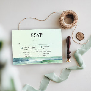 Coastal Beach Tide Pool Sea Green Stripes Wedding RSVP Card