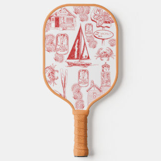 Coastal Beach Town Toile – Nautical Seaside Patter Pickleball Paddle