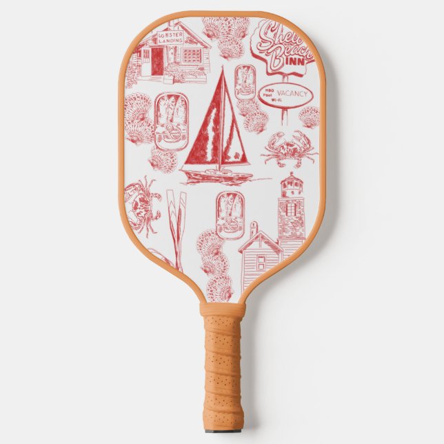 Coastal Beach Town Toile – Nautical Seaside Patter Pickleball Paddle (Front)