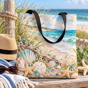 Coastal Beach Treasures & Ocean Waves Tote Bag