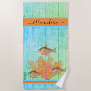 Coastal Beach Tropical Fish Teal Blue Coral Pink Beach Towel
