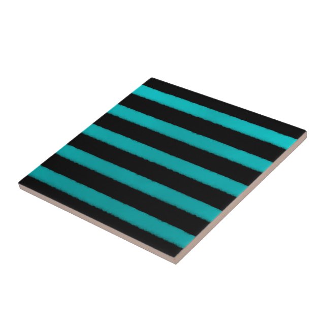 Coastal Beach Turquoise Wave Stripes On Black   Tile (Side)