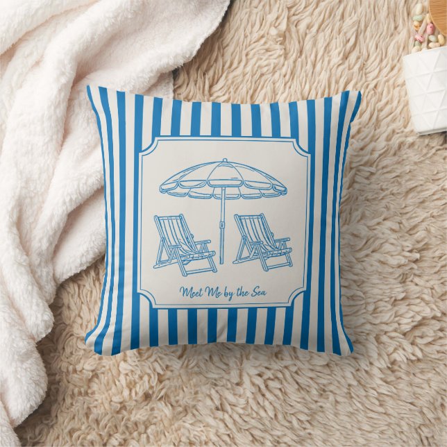 Coastal Beach Vibes Blue Stripes Throw Pillow (Blanket)