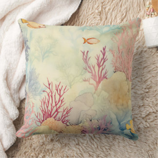 Coastal Beach Watercolor Coral and Fish Throw Pillow