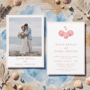 Coastal Beach Watercolor Pink Shells Wedding photo Invitation