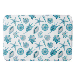 Coastal Beach Watercolor Seashells Aqua Teal Blue Bath Mat