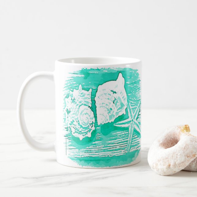 coastal beach watercolor teal seashell starfish coffee mug (With Donut)