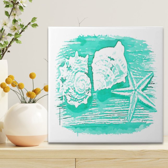 coastal beach watercolor teal seashell starfish tile (coastal beach watercolor teal seashell starfish ceramic tile)