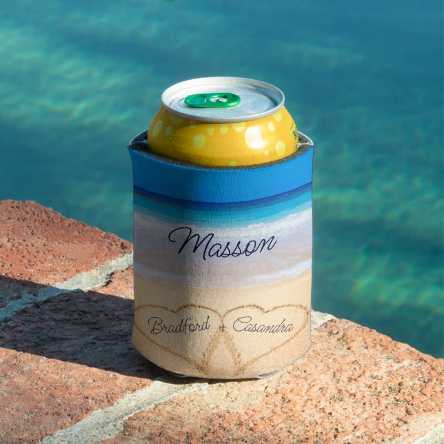 Coastal Beach Wedding Hearts in Sand Custom Name  Can Cooler (In Situ Pool)