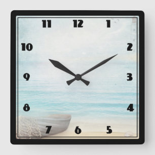 Coastal Beach with Wood Rowboat & Fishing Net Square Wall Clock