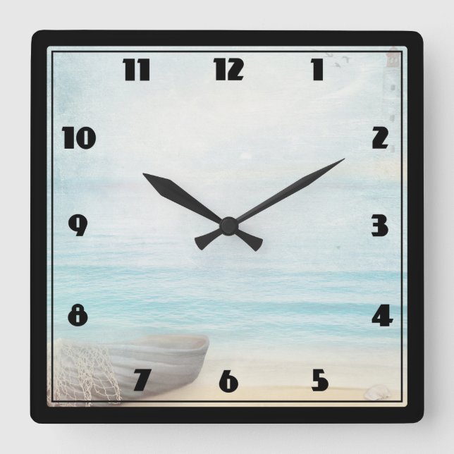 Coastal Beach with Wood Rowboat & Fishing Net Square Wall Clock (Front)