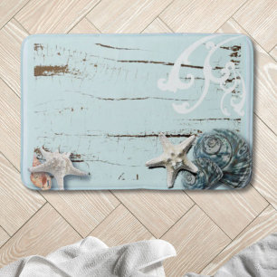 Coastal beach wood aqua blue starfish seashells bath mat