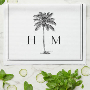 Coastal Black and White Palmetto Palm Monogram Kitchen Towel