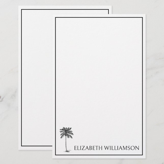 Coastal Black Palmetto Palm Tree Personalized Stationery (Front/Back)