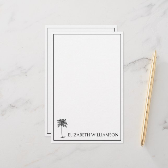 Coastal Black Palmetto Palm Tree Personalized Stationery (Front/Back In Situ)