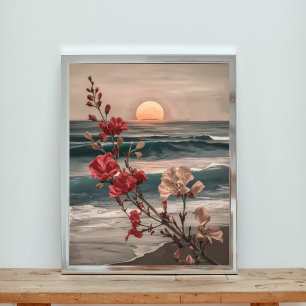 Coastal Bliss: Red and White Flowers at Sunset Photo Print