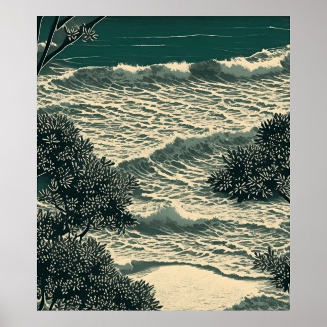 Coastal Bliss: Serene Sandy Beach Lino Cut Drawing Poster (Front)