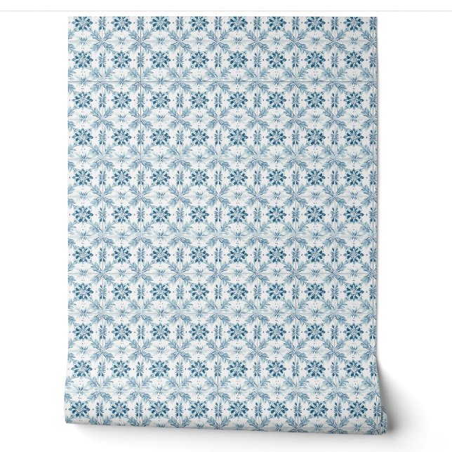 Coastal Blossom Tiles Mini - Soft Teal, White Wallpaper (Unrolling)