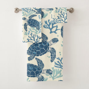 Coastal Blue and Cream Sea Turtles Personalized Bath Towel Set