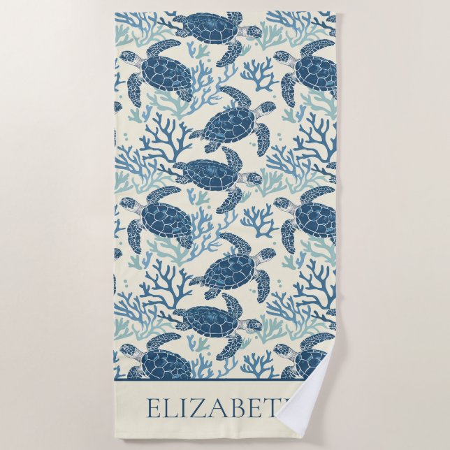 Coastal Blue and Cream Sea Turtles Personalized Beach Towel (Front)