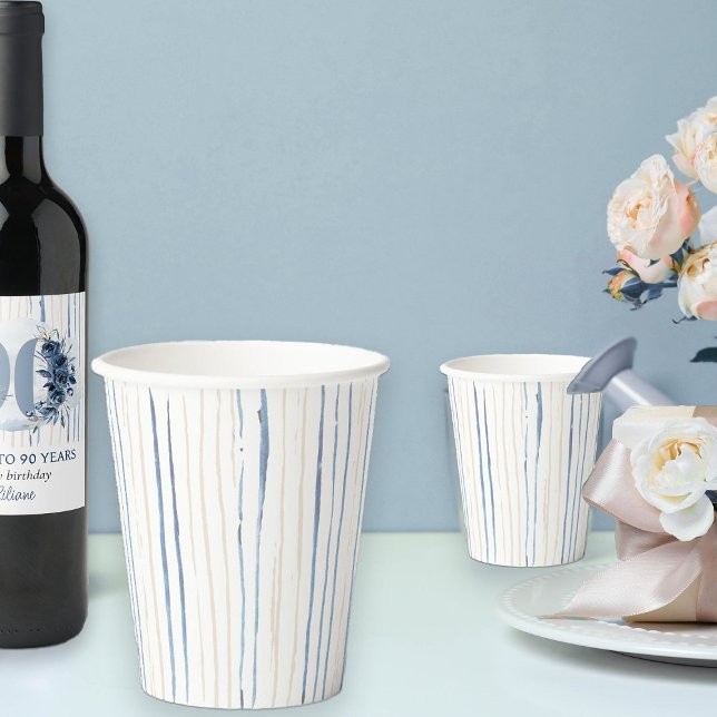 Coastal Blue and Sand Brushstroke Striped Paper Cups (Watercolor Striped paper cups from my Floral Number Birthday Party Collection)