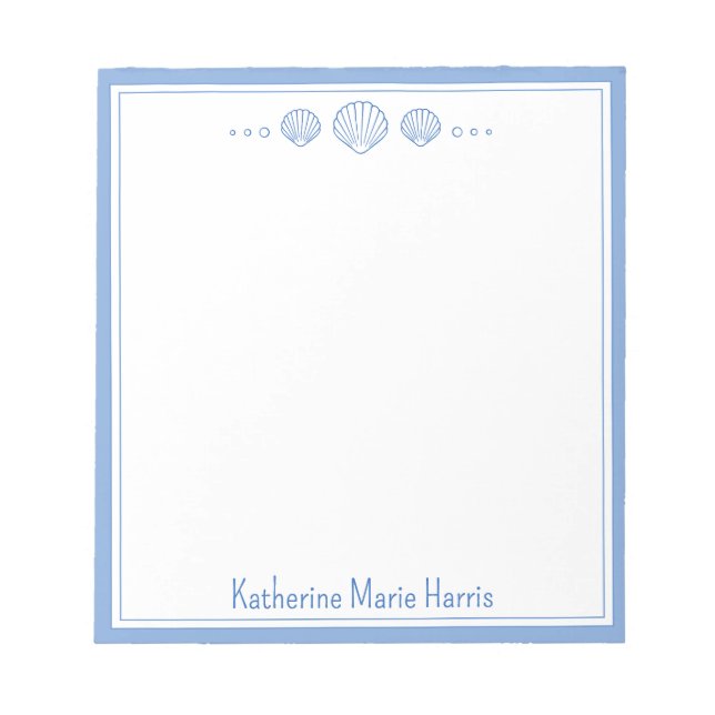 Coastal Blue and Scallop Seashells Personalized Notepad (Front)