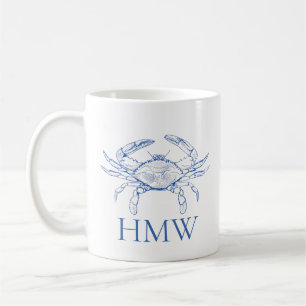 Coastal Blue and White Crab Monogram Coffee Mug