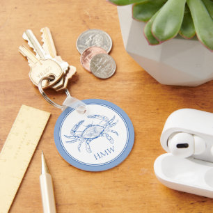 Coastal Blue and White Crab Monogram Keychain