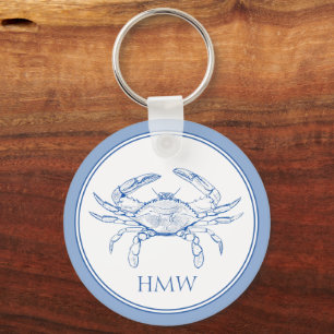 Coastal Blue and White Crab Monogram Keychain