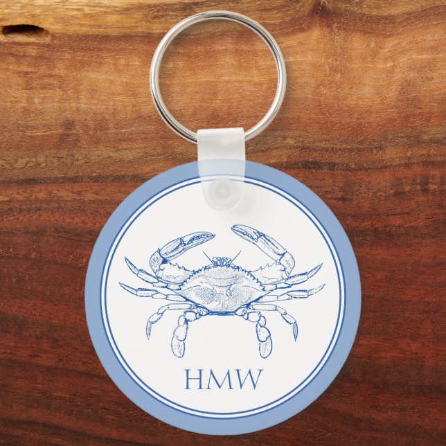 Coastal Blue and White Crab Monogram Keychain (Front)