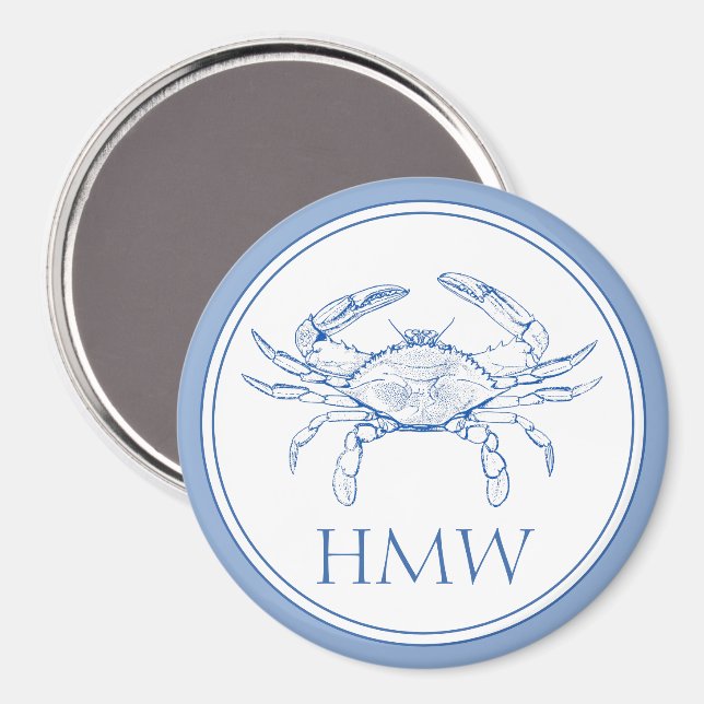 Coastal Blue and White Crab Monogram Magnet (Front/Back)