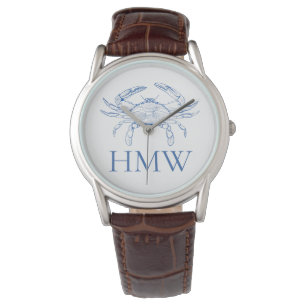 Coastal Blue and White Crab Monogram Watch