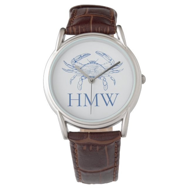 Coastal Blue and White Crab Monogram Watch (Front)