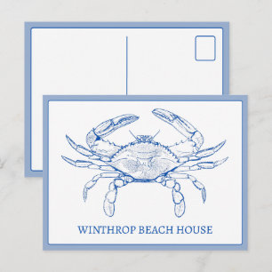 Coastal Blue and White Crab Personalized Postcard