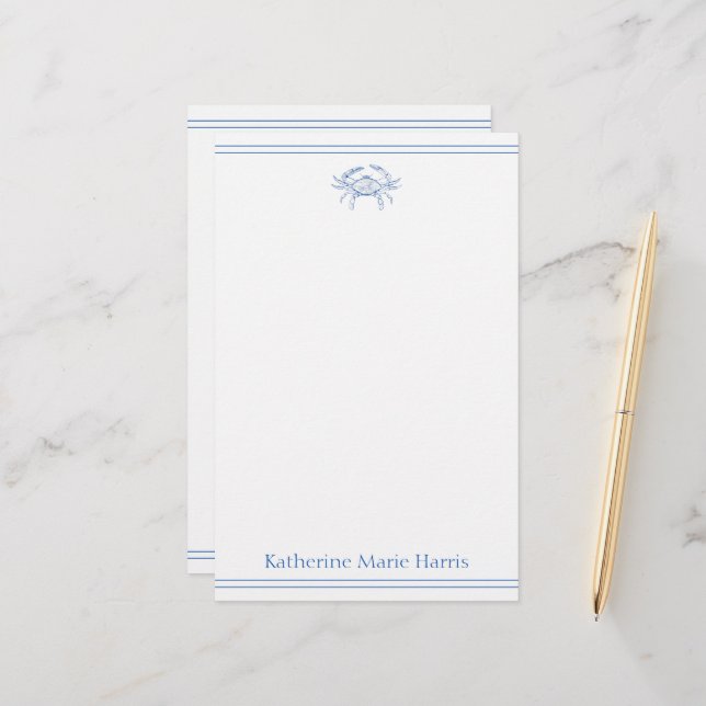 Coastal Blue and White Crab Personalized Stationery (Front/Back In Situ)