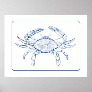 Coastal Blue and White Crab Poster