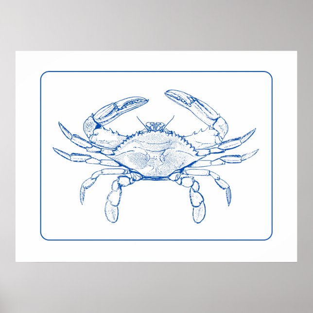 Coastal Blue and White Crab Poster (Front)