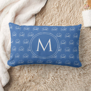Coastal Blue and White Crabs Monogram Lumbar Pillow