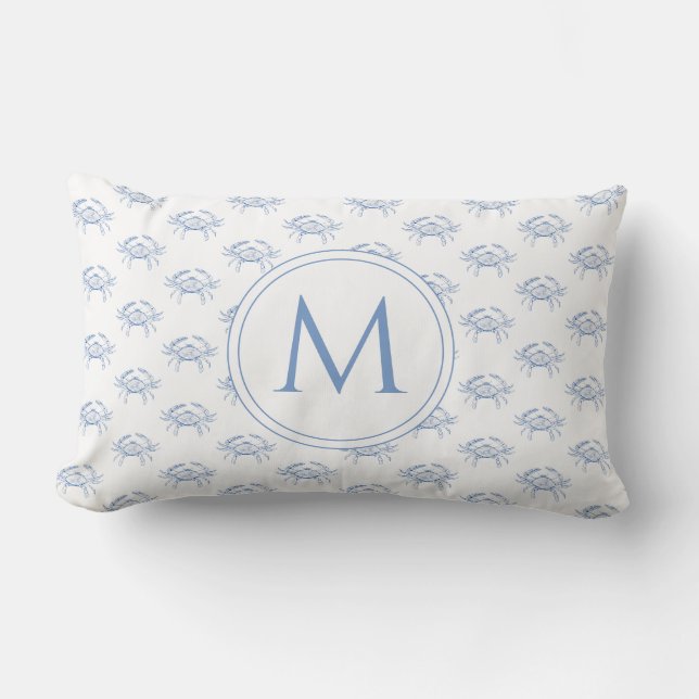 Coastal Blue and White Crabs Monogram Lumbar Pillow (Front)