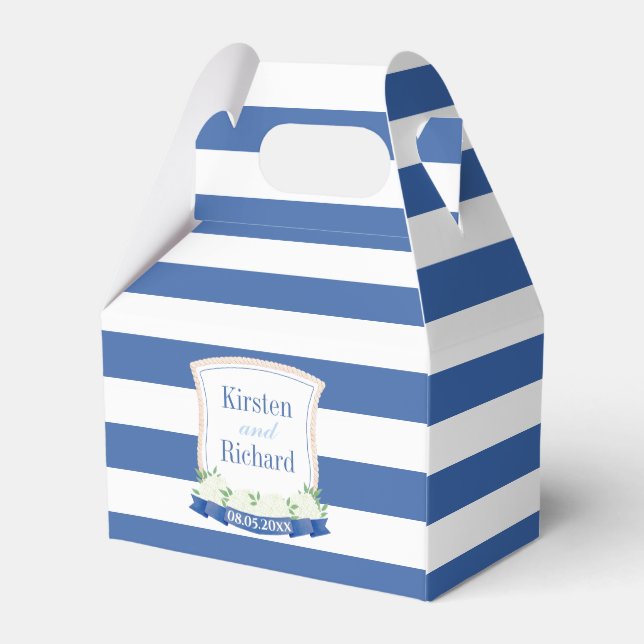 Coastal Blue And White Monogram Crest Wedding Favor Box (Back Side)
