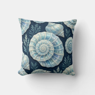 Coastal Blue and White Opal Seashells Throw Pillow
