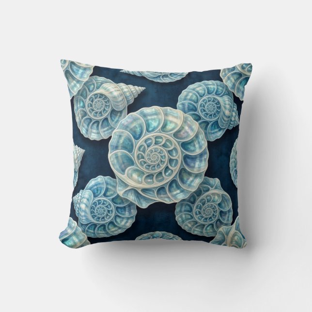 Coastal Blue and White Opal Seashells Throw Pillow (Front)