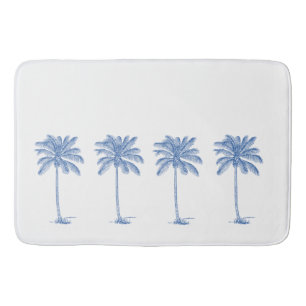 Coastal Blue and White Palm Palmetto Trees Bath Mat