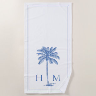 Coastal Blue and White Palmetto Palm Tree Monogram Beach Towel