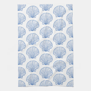 Coastal Blue and White Scallop Seashell Kitchen Towel