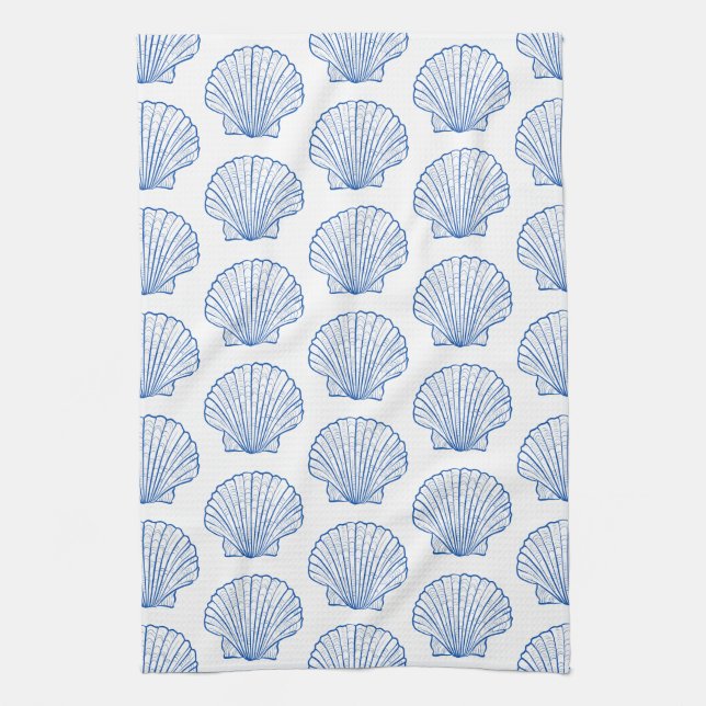 Coastal Blue and White Scallop Seashell Kitchen Towel (Vertical)