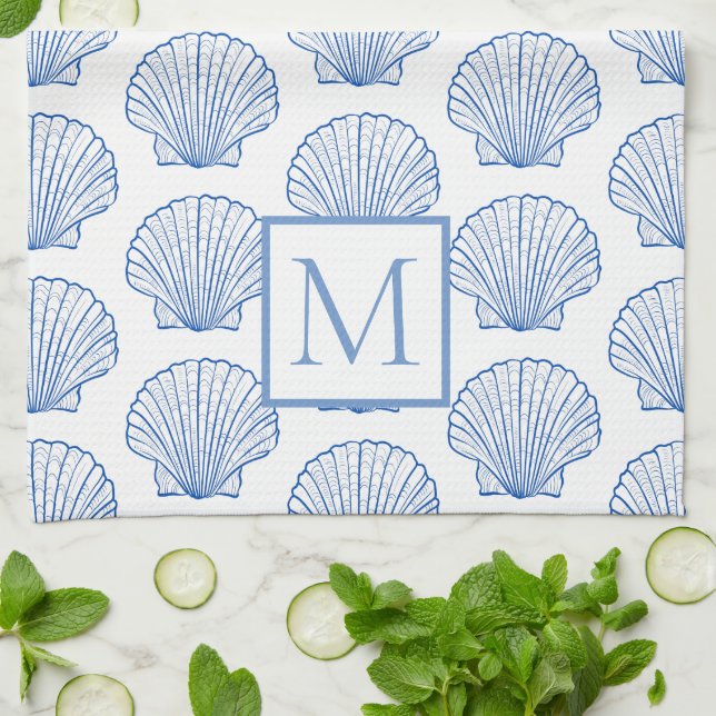 Coastal Blue and White Scallop Seashell Monogram Kitchen Towel (Folded)